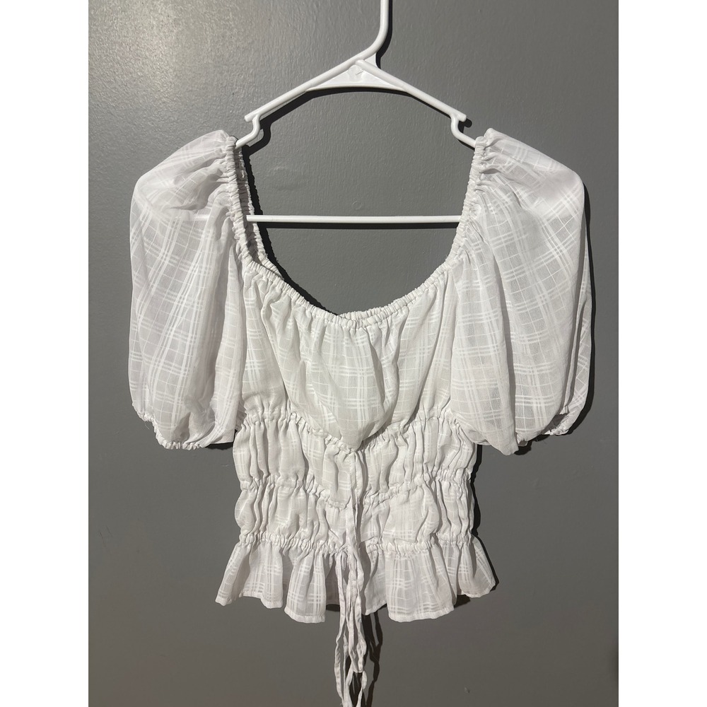 Sky & Me White Puff Sleeve Smocked Plaid Blouse Square Neck Cottagecore Top M